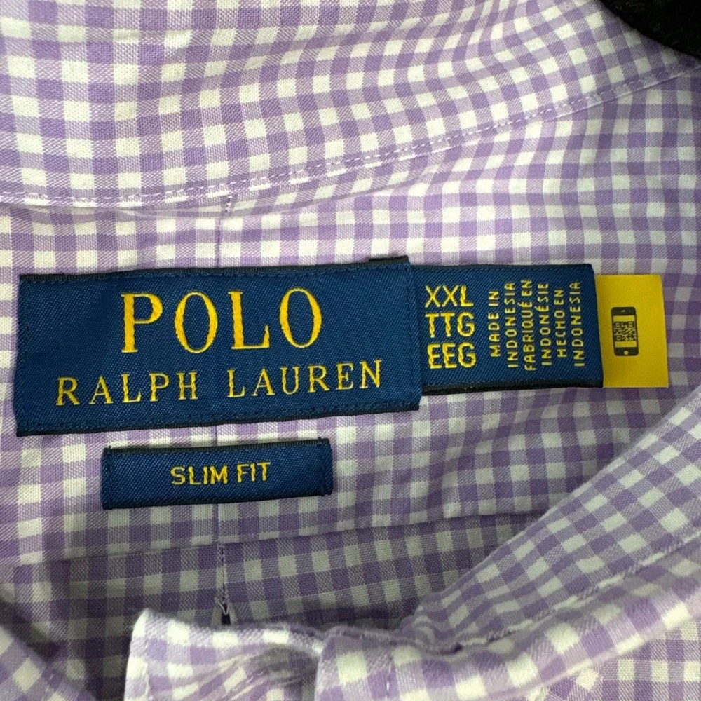 Polo Ralph Lauren Button Down Shirt Mens XXL Purple Gingham Slim Fit Stretch